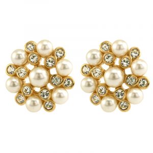 Gold-plated elizabethan style clip-on earrings with faux pearl and crystal